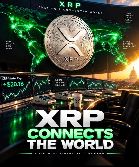 A promotional graphic for XRP cryptocurrency showing a glowing world map, a large XRP coin, stock charts with '+20.1B' market cap, and text including 'XRP POWERING A CONNECTED WORLD' and 'XRP CONNECTS THE WORLD A STRONGE FINANCIAL TOMORROW'.