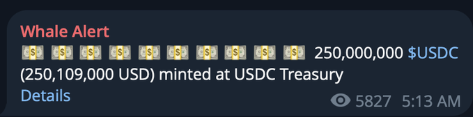 A Whale Alert notification shows that 250,000,000 $USDC (250,109,000 USD) was minted at the USDC Treasury at 5:13 AM, confirming the post's claim of $250 million in new USDC issued on the Solana network.