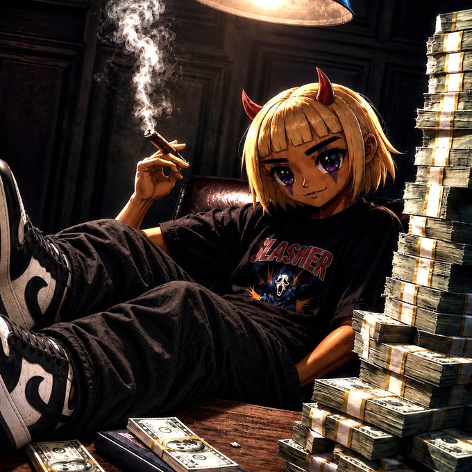 An anime-style illustration shows a character with blonde hair and red horns wearing a 'SLASHER' shirt, smoking a cigar while relaxing next to a massive stack of banded cash.