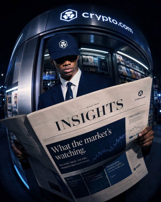 A well-dressed man wearing a Crypto.com branded cap and sunglasses reads a newspaper titled "INSIGHTS" with the headline "What the market's watching," set against a backdrop of a brightly lit Crypto.com booth. The image directly reinforces the post's message by visually representing how the Crypto.com App's "Insights" feature delivers quick, coffee-break-friendly updates on market trends, signals, and key stories shaping the digital asset landscape.
