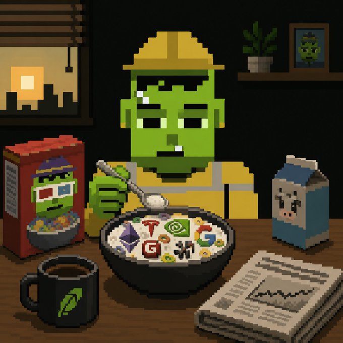 Pixel art of a green-skinned character wearing a yellow hard hat, eating a bowl of cereal filled with logos including Ethereum, Google, Reddit, and others, with a newspaper showing a declining chart and a coffee mug nearby.