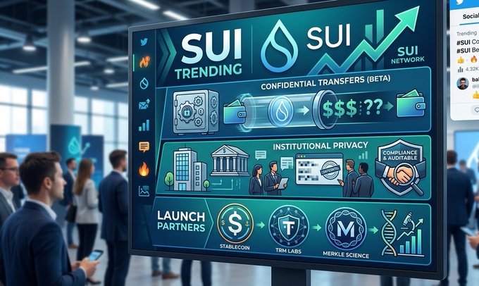 The image features a banner promoting Sui Network, an e-wallet, with blue text and illustrations of money being sent over the internet. The text on the banner indicates that confidential transactions are now live on Devnet, providing users with transparency on who sent the funds and how much was transferred. This feature revolutionizes traditional blockchains by offering a user-friendly interface for managing private financial data securely. It is accompanied by various images showcasing the concept of e-wallets and blockchain technology. The main focus of the image seems to be promoting this innovative service, emphasizing its benefits and usability in everyday transactions.