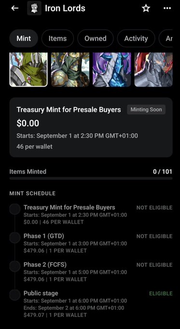 A mobile app screenshot for an NFT collection called 'Iron Lords' showing a Mint page with a Treasury Mint for Presale Buyers starting September 1 at 2:30 PM GMT+01:00 at $0.00, with a Mint Schedule detailing Phase 1 (GTD), Phase 2 (FCFS), and Public stage eligibility.