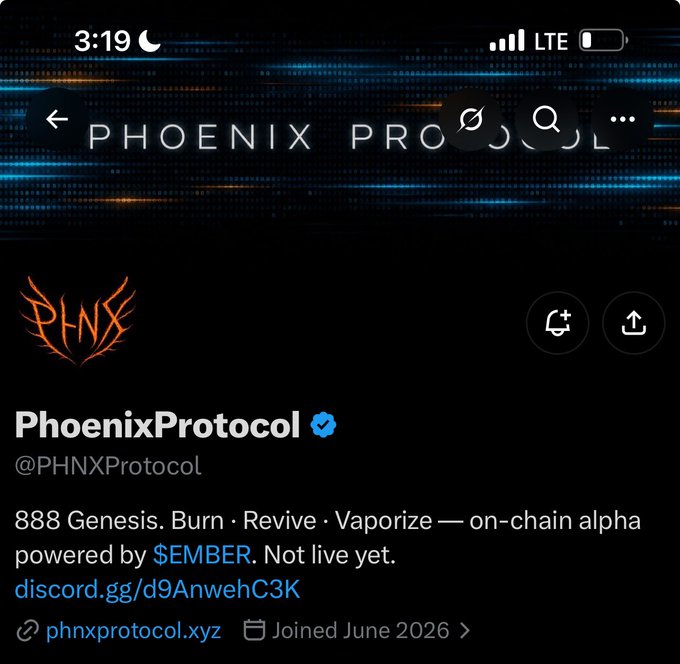 Screenshot of a mobile Twitter/X profile for "PhoenixProtocol" (@PHNXProtocol) with a phoenix logo and bio mentioning "888 Genesis," "Burn · Revive · Vaporize," and "$EMBER."