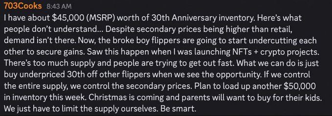 A screenshot of a message from user 703Cooks discussing NFT and 30th Anniversary inventory supply control, mentioning $45,000 in inventory, plans to load up another $50,000, and controlling secondary prices through supply limitation.