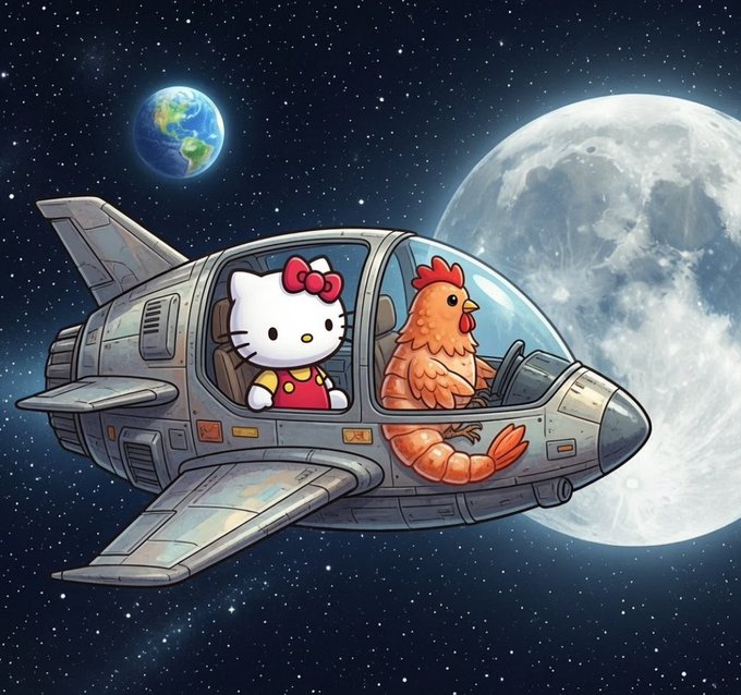 The image features two characters - a Hello Kitty character wearing a red dress and a pink shirt with a bow, and an orange shrimp character driving a silver spaceship. The spaceship appears to be floating in space, with the Earth visible in the background. The caption of the image reads "These past few days, because of $BP, I met a really interesting Korean friend @fourz_airdrop This is the greatest joy of building".