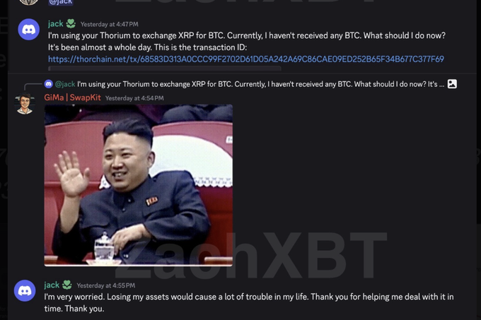 A screenshot from a Discord conversation shows a user named "jack" asking for help with a stuck Thorium XRP-to-BTC exchange transaction, with a meme image of Kim Jong-un labeled "GiMa | SwapKit" appearing in the chat. The exchange includes a transaction ID link and the user expressing concern that "losing my assets would cause a lot of trouble in my life," matching the accompanying post about a suspected launderer for the alleged DPRK hackers behind the $387M Bitget hack.