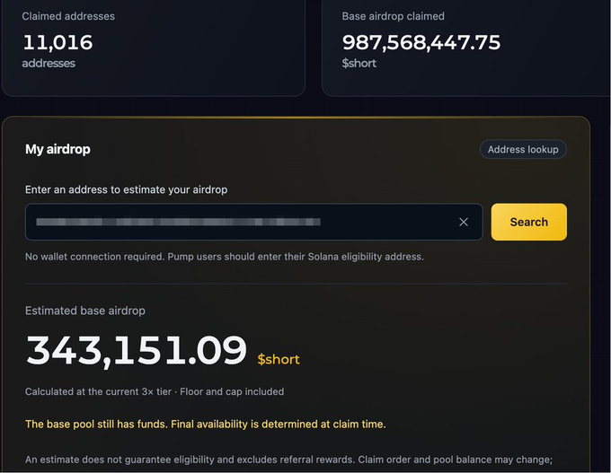 A screenshot of a cryptocurrency airdrop dashboard showing 11,016 claimed addresses and a base airdrop claimed amount of 987,568,447.75 $short, with an estimated base airdrop of 343,151.09 $short for a blurred address.