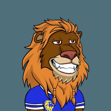 A cartoon illustration of an anthropomorphic lion with orange fur wearing a blue sports jersey featuring a yellow emblem.