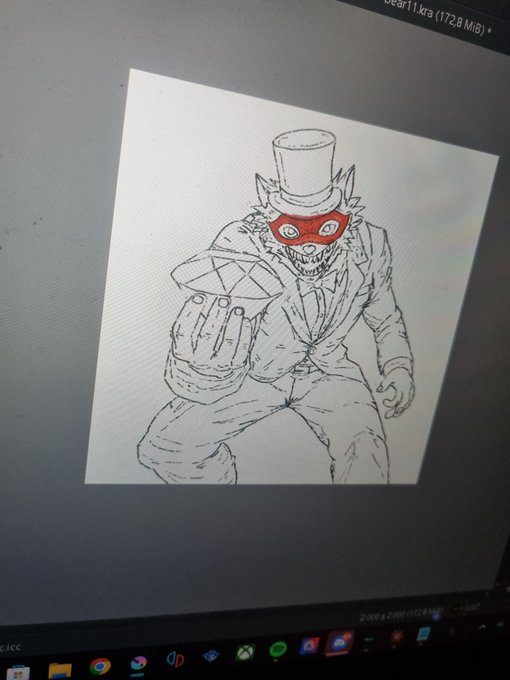 A hand-drawn sketch of a masked, top-hatted feline character in a suit holding a gem is displayed on a computer monitor, with the file "Bear11.kra (172.8 MiB)" visible at the top, fitting the "Gm" (good morning) greeting from the XRP Cafe community.