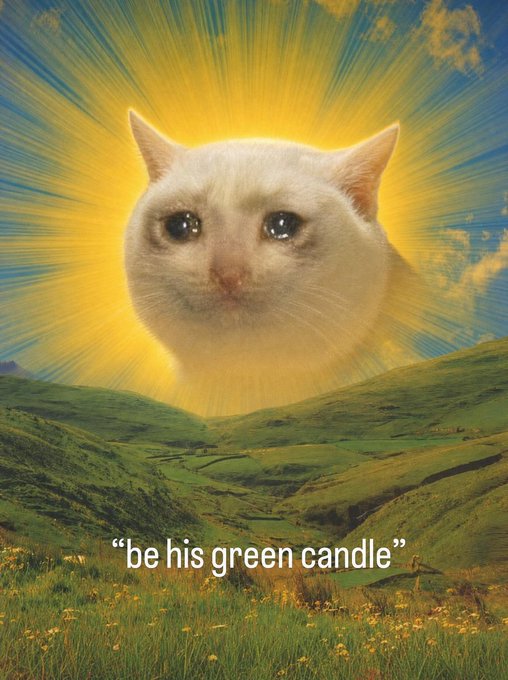 A giant glowing cat head rises like a sun over green rolling hills, with the caption "be his green candle" displayed below. The image humorously visualizes the "$CASHCAT" meme, depicting the cat as a divine bullish force bringing "green candles" (market gains) to the Robinhood chain.