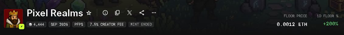 A dark-themed NFT marketplace listing header for 'Pixel Realms' showing 4,444 items, a floor price of 0.0012 ETH with a +200% increase.