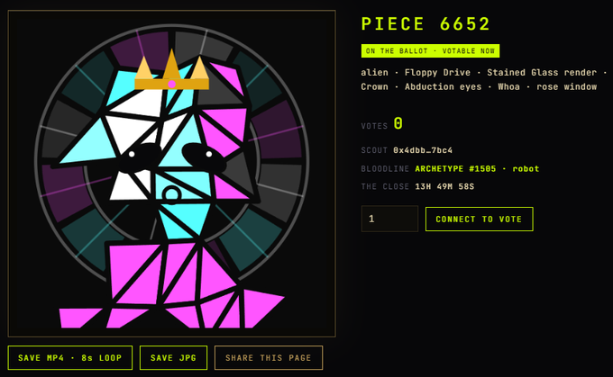 A digital NFT voting interface displays "PIECE 6652" featuring a stained glass-style crown character, currently with 0 votes and 13H 49M 58S remaining.