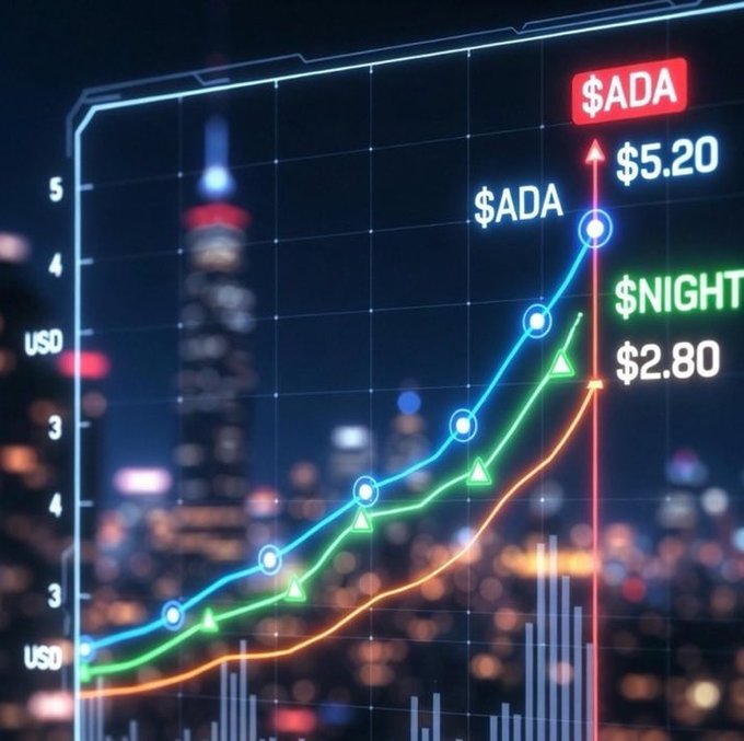 A digital cryptocurrency price chart showing $ADA at $5.20 and $NIGHT at $2.80, with upward-trending blue and green lines against a blurred nighttime city skyline.