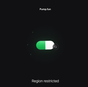 A dark screen displaying a green toggle switch in the off position with the text "Pump.fun" at the top and "Region restricted" at the bottom.