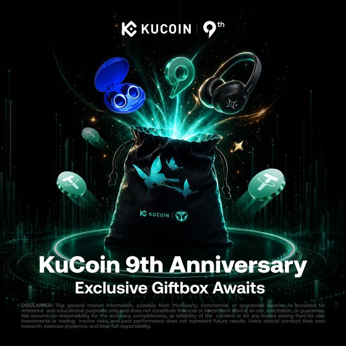 A promotional graphic for the KuCoin 9th Anniversary Limited Edition Gift Set features a black drawstring bag with KuCoin branding emitting a glowing teal aura, surrounded by floating items including blue wireless earbuds, black headphones, and KuCoin coin tokens, with text reading "KuCoin 9th Anniversary Exclusive Giftbox Awaits." The image visually represents the prize being awarded to top leaderboard finishers and lucky draw winners mentioned in the accompanying announcement about the final 72 hours of the campaign.