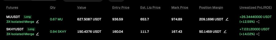 A futures trading position table showing two long positions: MUUSDT (0.67 MU, entry price 936.59, mark price 974.89, unrealized PnL +26.34 USDT/+12.59%) and SKHYUSDT (0.94 SKHY, entry price 160.04, mark price 167.43, unrealized PnL +7.03 USDT/+14.02%).