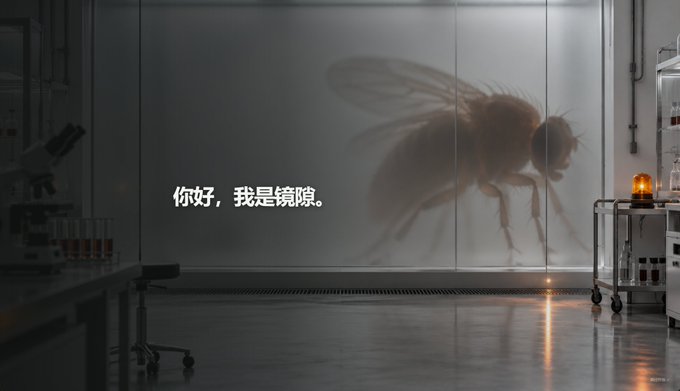 A dark laboratory scene with a large projection of a fly on the wall, accompanied by the Chinese text "你好，我是镜虱。" (Hello, I am Mirror Louse).
