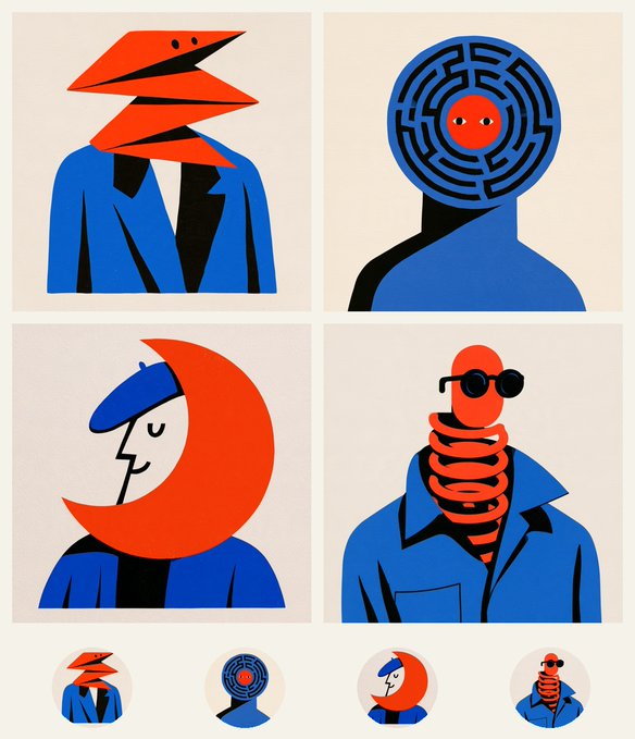 A set of four minimalist graphic art prints showing abstract figures with geometric heads (lightning bolt, maze, crescent moon, and spring) in red, blue, and black, with matching small circular icons below.