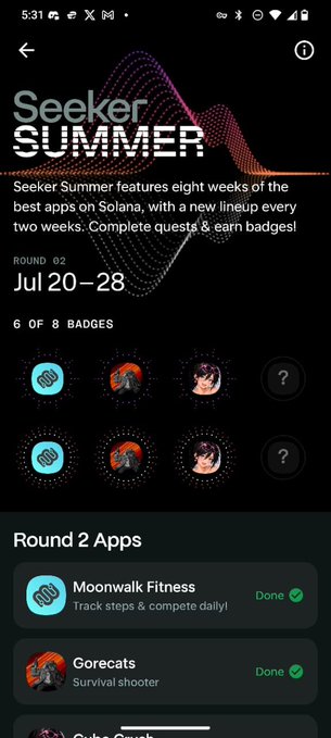 A mobile app screenshot titled "Seeker Summer" showing Round 02 (Jul 20-28) with 6 of 8 badges earned, featuring apps like Moonwalk Fitness, Goremats, and Cube Crush.