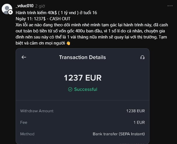 A screenshot of a social media post by '_vduc010' in Vietnamese documenting a 16-day challenge to earn 40k (1 billion VND), showing a successful transaction details screen for a 1237 EUR withdrawal with a 1 EUR fee via SEPA Instant bank transfer.