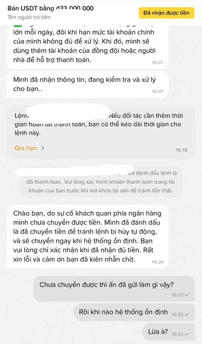 A Vietnamese-language P2P crypto scam chat showing a "seller" claiming they transferred 433,000,000 USDT but citing bank technical issues to delay the actual payment, while the buyer questions "Lừa à?" (Scam?). The conversation illustrates the poster's warning about P2P scammers who falsely mark payments as sent early to pressure victims into releasing crypto before the money actually clears.