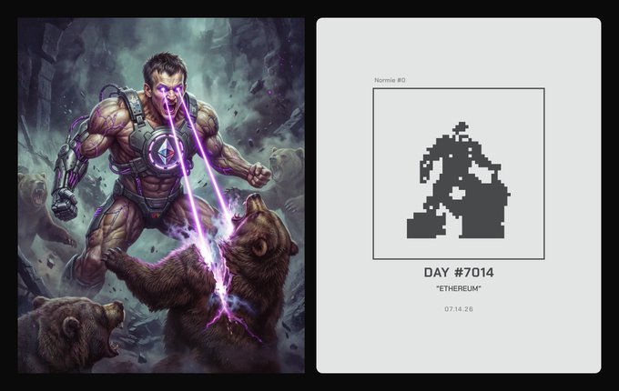 A split image showing a detailed digital illustration of a muscular cyborg fighting bears with purple energy on the left, and a pixelated silhouette labeled 'Nonnie #0' with 'DAY #7014' and 'ETHEREUM' text on the right.