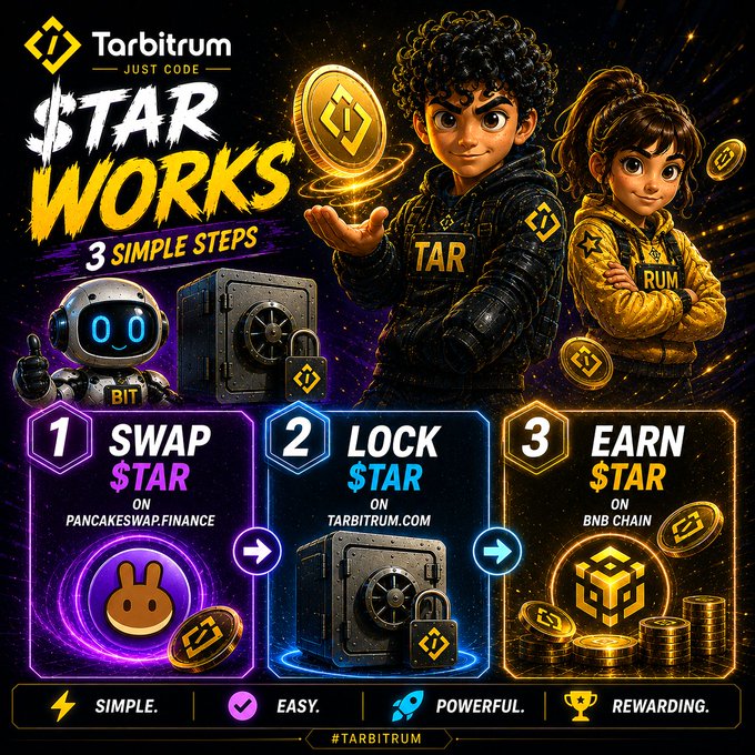 A promotional graphic for "Tarbitrum - JUST CODE" titled "$TAR WORKS - 3 SIMPLE STEPS" showing illustrated characters and instructions to swap, lock, and earn $TAR tokens, marked "#TARBITRUM."