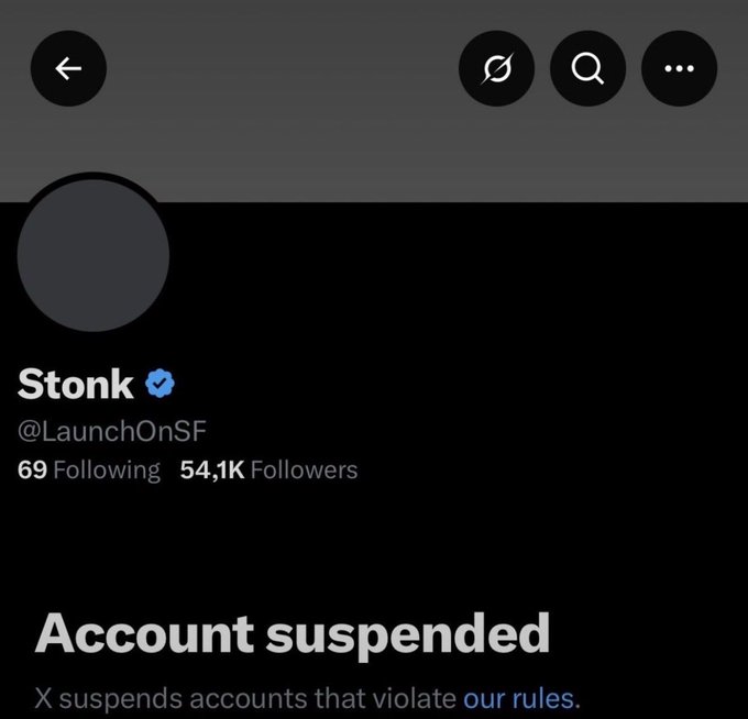 The screenshot shows the @LaunchOnSF account (display name "Stonk") with 54.1K followers displaying an "Account suspended" notice from X. The image illustrates the user's claim that the STONK-related account has been suspended, which the accompanying post characterizes as "pathetic" bullying and an "anti-competition" tactic against the $STONK project.