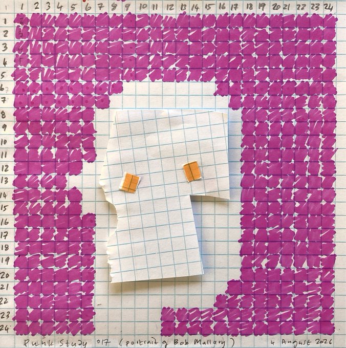 An artistic composition on graph paper features a cut-out white "F" shape secured with orange clips against a background of purple marker scribbles forming a frame, titled "Purple Study 017 (portrait of Bob Mallary)" dated "4 August 2026".