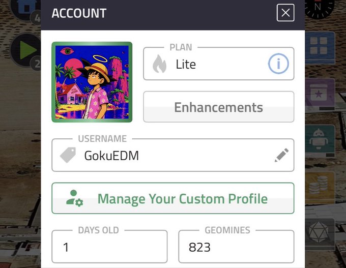 An 'ACCOUNT' modal screen displaying a 'Lite' plan for username 'GokuEDM', featuring a cartoon avatar of Luffy from One Piece and showing 823 Geomines.