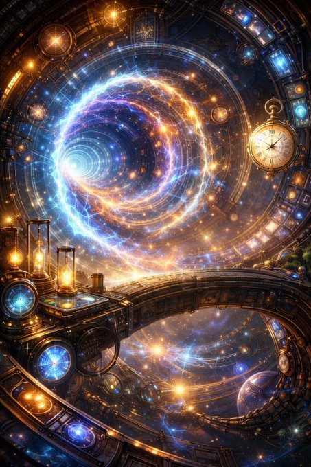 A steampunk-inspired cosmic observatory features a swirling galaxy vortex framed by ornate bronze clockwork, glowing lanterns, and a pocket watch, symbolizing the patience and timeless consistency that the post urges Web3 builders to embody—becoming valuable contributors rather than chasing fleeting opportunities.