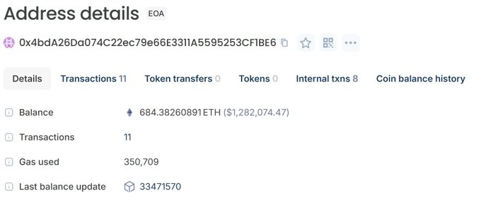 A screenshot of Etherscan's "Address details" page for wallet 0x4bdA26Da074C22ec79e66E3311A5595253CFIBE6, showing an EOA with a balance of 684.38260891 ETH ($1,282,074.47), 11 transactions, and 8 internal transactions. The image supports the post's claim of "1.3M in hand" by displaying the substantial ETH balance and USD value tied to the NFT cash-out.