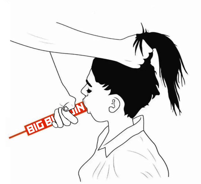 A black and white line drawing illustration showing a person grabbing their own hair while holding a red object labeled 'BIG BRAIN' near their mouth.
