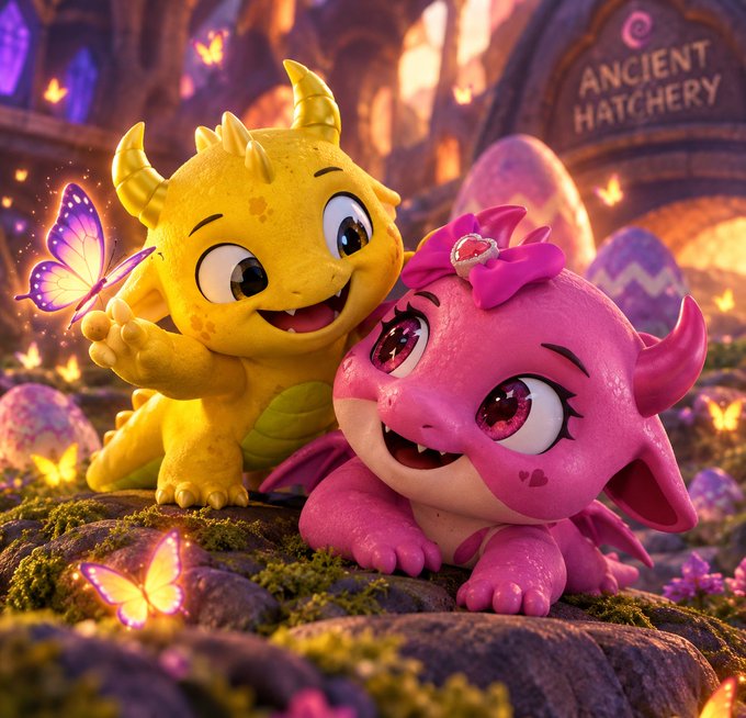 A colorful 3D animation scene depicts two cute baby dragons—one yellow and one pink with a bow—sitting together in front of a wooden sign that reads 'ANCIENT HATCHERY,' surrounded by glowing butterflies.