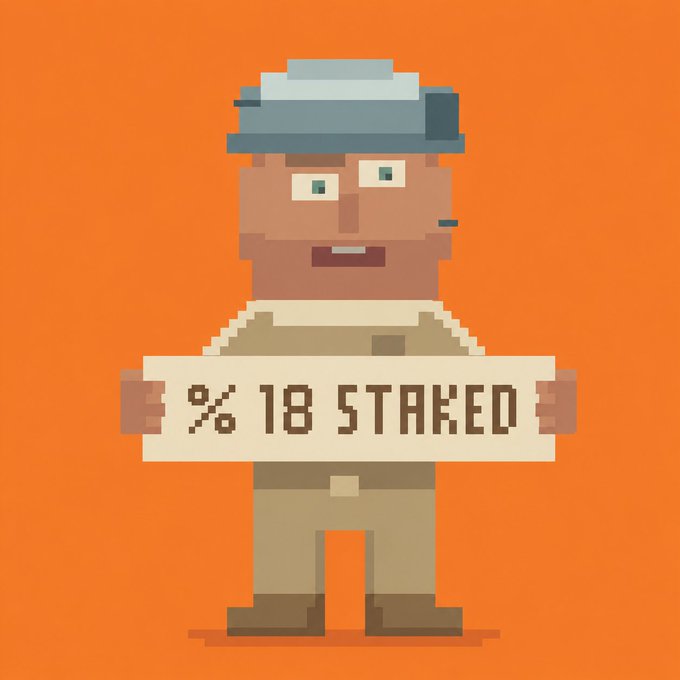 A pixel-art illustration of a rugged man in a wide-brimmed hat holding a sign reading "%18 STAKED," visually reinforcing the post's announcement that 18% has already been staked within the first few hours of the launch.