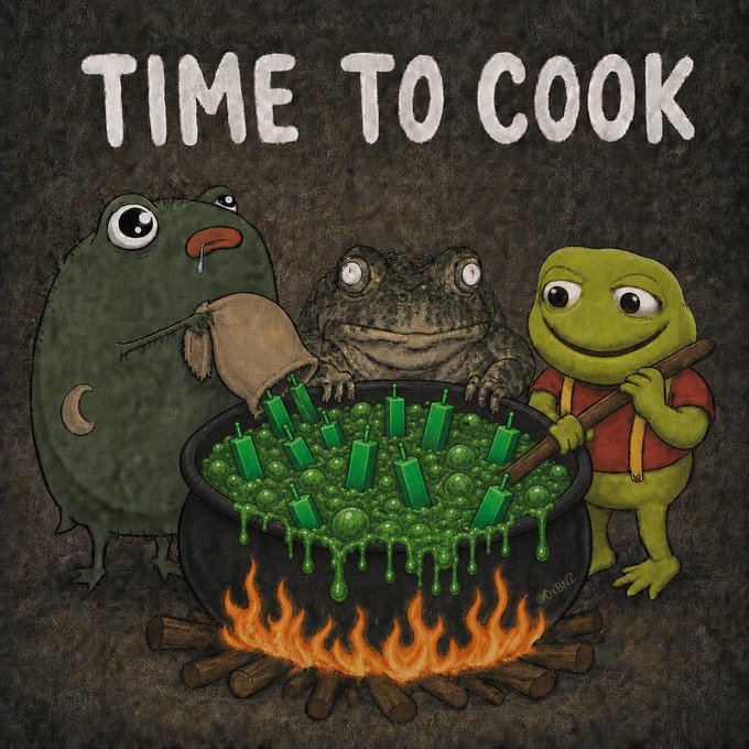 The cartoon image shows three amphibian-like creatures—a sad green blob monster, a realistic wide-eyed frog, and a smiling Pepe-style frog in a red shirt—cooking up a bubbling green cauldron filled with candles over a fire, with the text "TIME TO COOK" displayed at the top. The image ties into the post by playfully illustrating the "cooking up" of frog-themed memecoins like $PEPE, $TOAD, $FRONG, and the newly introduced $PISTACIO, exaggerating the rapid proliferation of these crypto characters.
