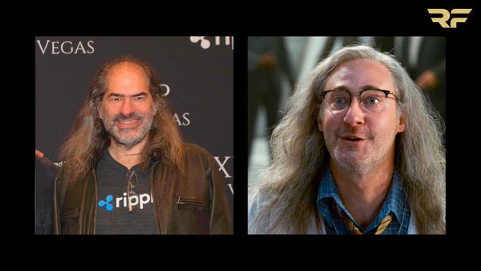 A side-by-side comparison image shows two men with long hair and beards; the left man is smiling and wearing a 'ripple' shirt at a 'Vegas' event, while the right man wears glasses and a blue plaid shirt, with a 'RF' logo in the top right corner.