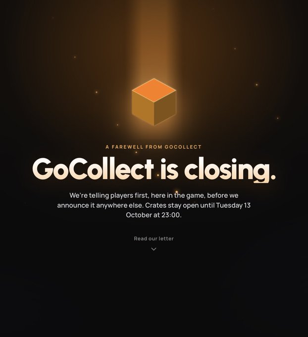 A dark screen displays the message 'A FAREWELL FROM GOCOLLECT' with large white text reading 'GoCollect is closing.' and a note that crates stay open until Tuesday 13 October at 23:00.