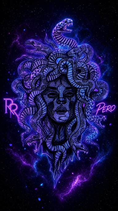A stylized neon purple and blue illustration of Medusa with snake hair against a cosmic background, featuring "RR" on the left and "PERO" on the right.