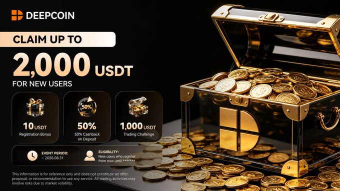 A DeepCoin promotional advertisement offering new users up to 2,000 USDT through three bonus opportunities: 10 USDT registration bonus, 50% cashback on deposits, and a 1,000 USDT trading challenge, valid from August 1–31, 2026. The ad features an open treasure chest overflowing with gold coins, symbolizing the lucrative rewards available to new registrants.