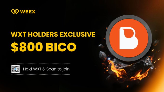 A WEEX promotional banner offering $800 BICO exclusively to WXT holders, featuring a QR code with instructions to "Hold WXT & Scan to join" alongside a flaming BICONOMY (BICO) logo, matching the giveaway details in the post about joining the WXT Holders Community.
