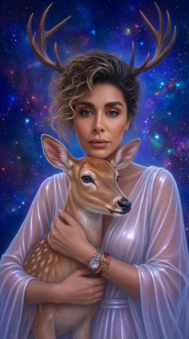 A fantasy digital portrait of a woman with antlers cradling a young deer against a cosmic galaxy background filled with stars and nebulae in purple and blue hues.