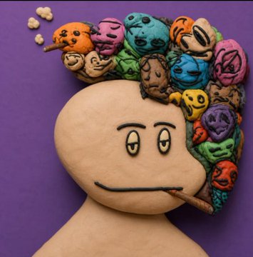 A whimsical artwork depicting a beige figure with a neutral expression and a cigar, whose head is topped with colorful cartoonish faces in various colors representing different thoughts or personalities.