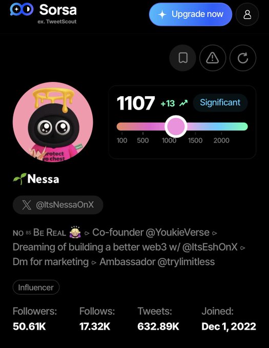 The image shows a Sorsa (ex. TweetScout) profile dashboard for user "Nessa" (@ItsNessaOnX), displaying a SORSA score of 1107 with a +13 increase marked as "Significant," alongside stats including 50.61K followers, 17.32K follows, and 632.89K tweets. This visually supports the post's claim of gaining 13 points and highlights Nessa as a notable, influencer-ranked account that could qualify for the private opportunity being offered to high-scoring users.