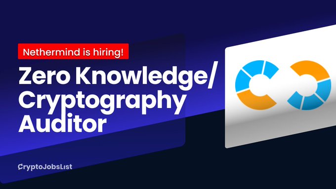 A job advertisement graphic with a dark blue background displays "Nethermind is hiring!" in a red banner above the role title "Zero Knowledge/Cryptography Auditor," alongside the colorful Nethermind infinity-style logo and a "CryptoJobsList" watermark at the bottom. The visual corresponds to the announcement of Nethermind's remote opening for a ZK/Cryptography Auditor to work on Ethereum and zero-knowledge systems.