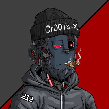 A digital illustration depicts a cyberpunk-style character wearing a black beanie labeled "Cr00Ts-X" and a black hoodie with "212" printed on it, shown smoking while featuring glowing red eyes and cybernetic enhancements. The image visually represents the "212" hoodie mentioned in the post, which asks followers to choose between hoodie designs.