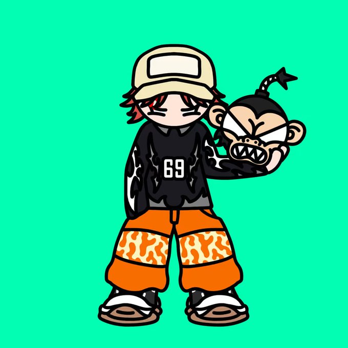 A cartoon-style illustration of a character wearing a backwards cap, a black shirt with '69' printed on it, and orange camouflage pants, holding an angry monkey head on a green background.
