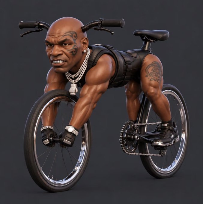A muscular, tattooed caricature of Mike Tyson, complete with a silver chain and trademark face tattoo, is fused into a bicycle with his muscular arms serving as the front fork and handlebars, embodying the absurd "Bike Tyson" NFT mentioned in the post.