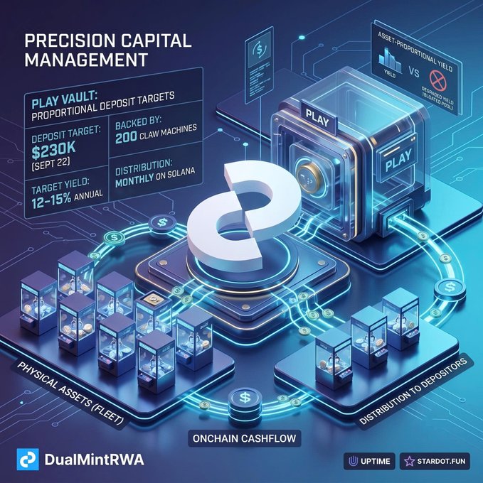 The image is an infographic for the "Precision Capital Management" PLAY vault by DualMintRWA, highlighting key details: a $230K deposit target backed by 200 claw machines, a target yield of 12-15% annual, monthly distribution on Solana, and a proportional yield model that emphasizes onchain cashflow from physical assets to depositors.

This visualization directly reinforces the post's message by illustrating the vault's disciplined approach—showing the direct link between physical assets (200 claw machines) and proportional deposit targets, preventing yield dilution through capacity-matched capital allocation.